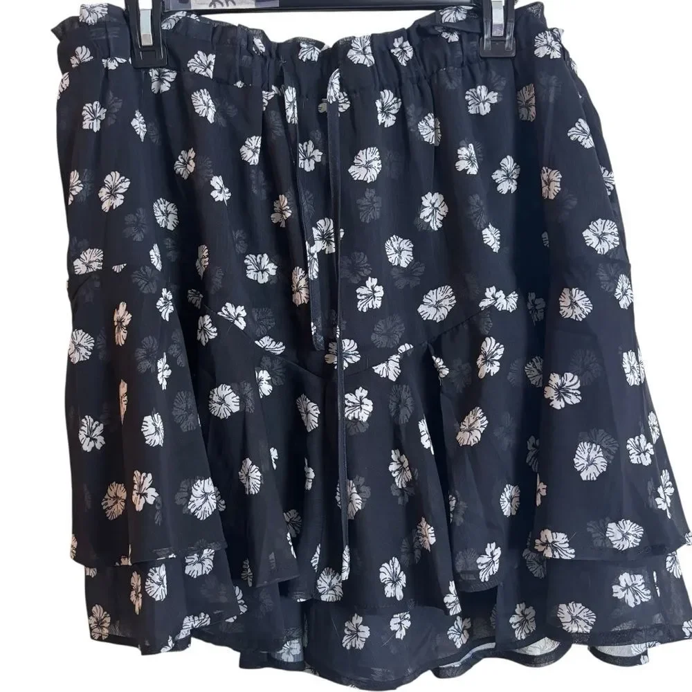 Boho Flowy Ruffle Shorts Plus Size 2XL Bohemian Summer Skirt Skort Black Floral